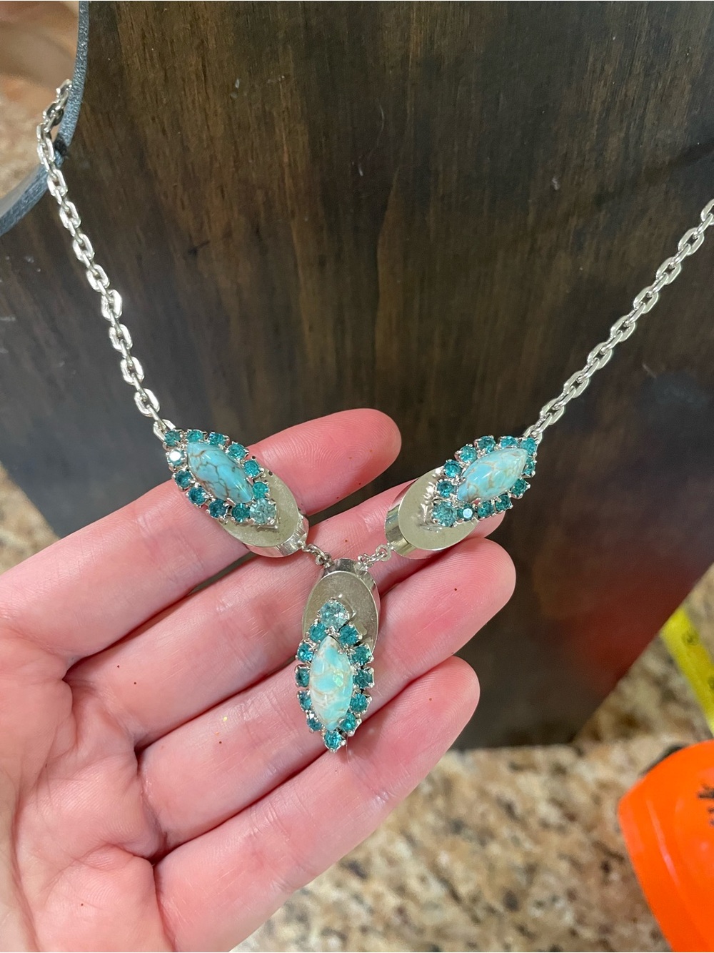 Vintage Rhinestone & Turquoise Silver Choker Necklace